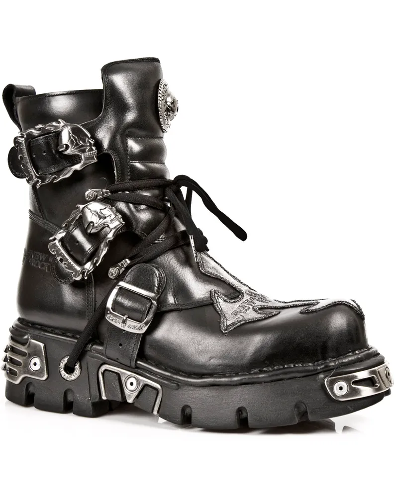 New Rock Silver Cross Biker-Stiefel aus schwarzem Leder-407-S1 Schwarz