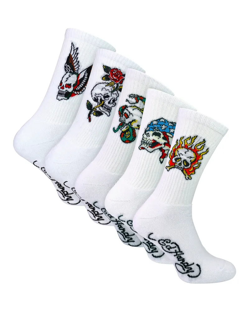 Ed Hardy 5er-Pack Herren Crew-Socken mit Totenkopf-Muster - Weiche und atmungsaktive Freizeitsocken Weiß
