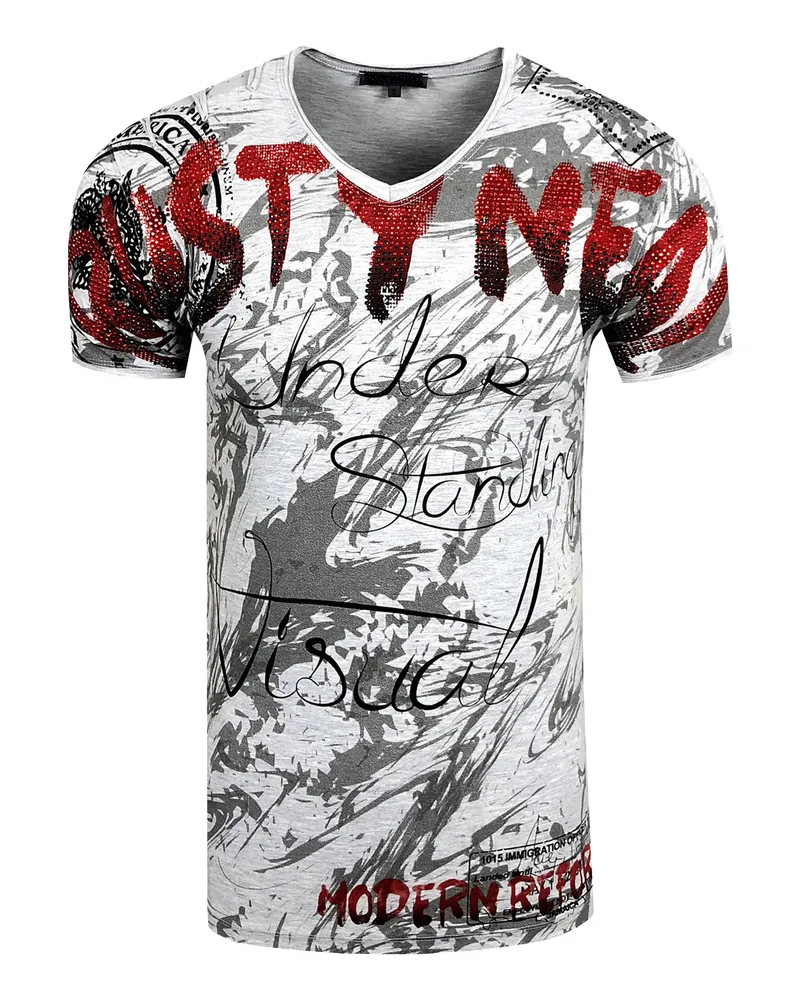 Rusty Neal V-Neck T-Shirt im Strass-Stein-Design Grau