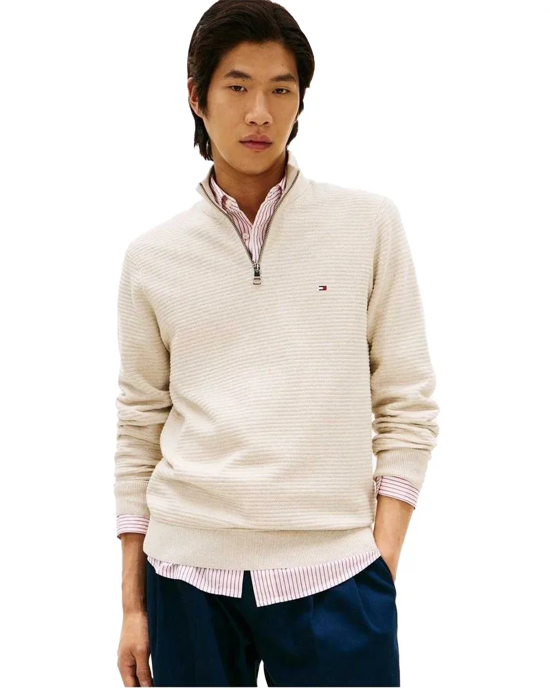 Tommy Hilfiger Pullover für Herren, Reißverschluss, Regulär (Hafermilch Beige
