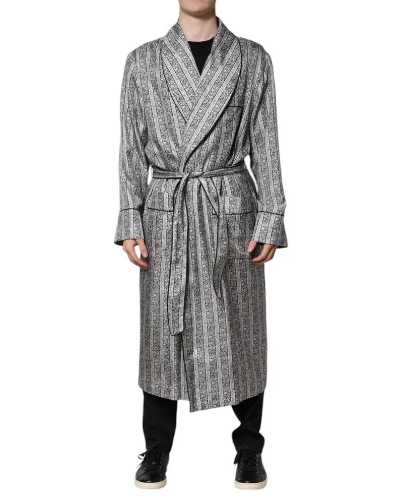 Dolce & Gabbana Seidenrobe mit Schalkragen und langen Ärmeln Hellgrau