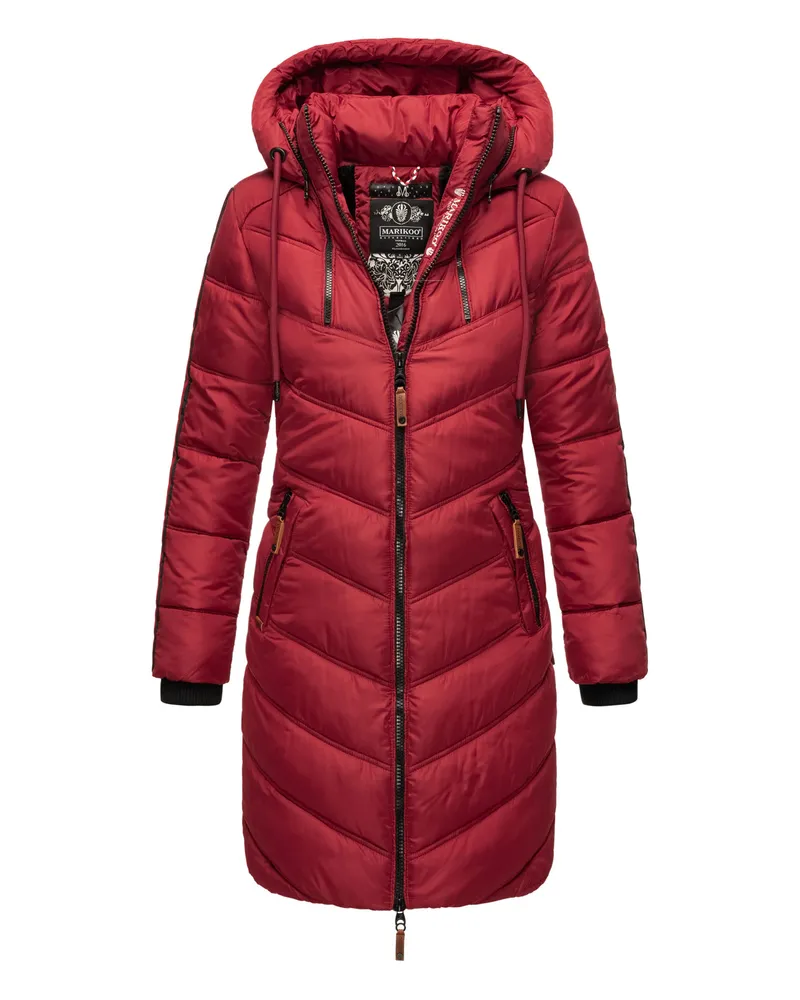 Marikoo Damen Winter Steppjacke – Armasa, lang mit Kapuze & Teddyfell Rot