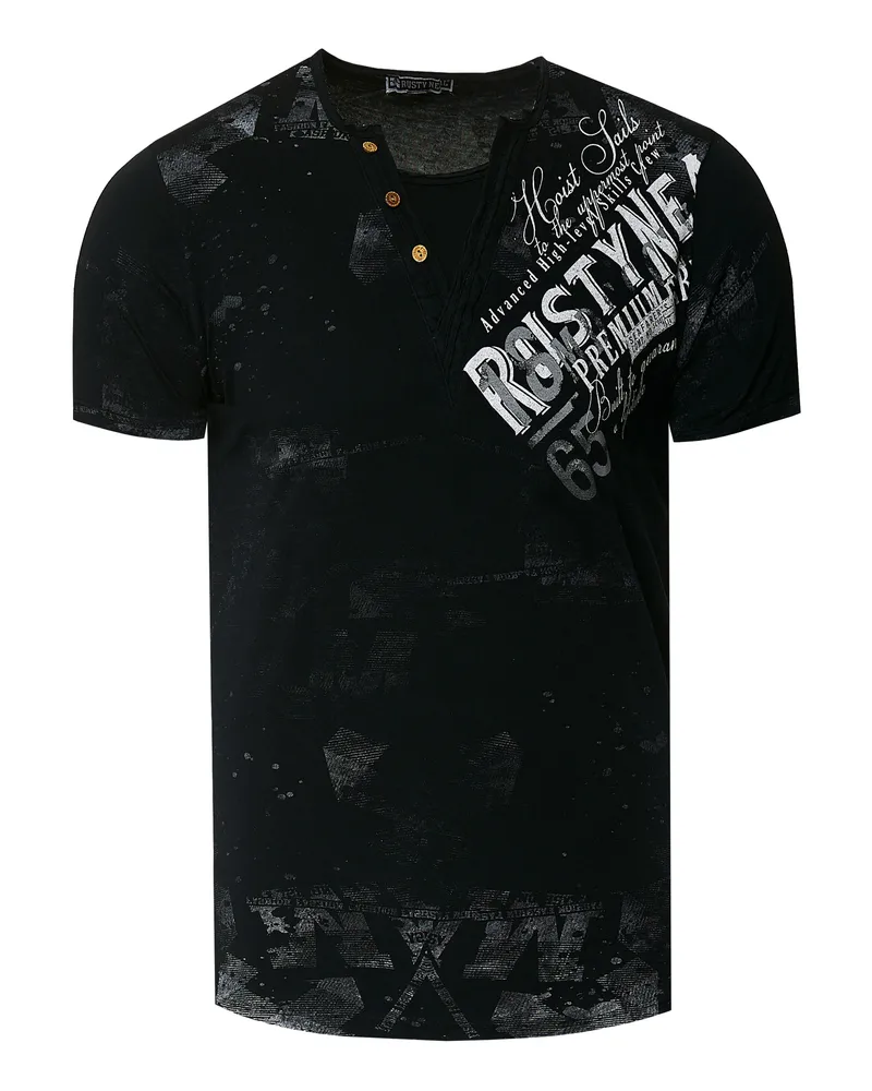 Rusty Neal V-Neck T-Shirt Verwaschen mit Seitlichem Logo Print Schwarz