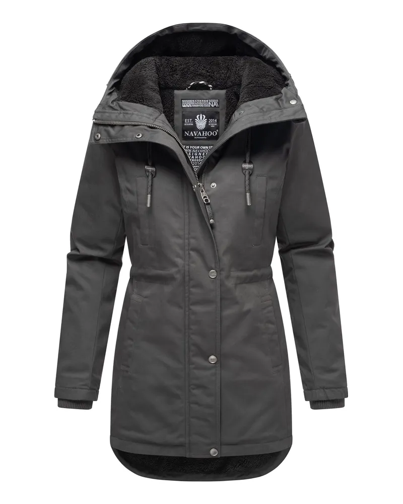 NAVAHOO Winterfunke Damen Winterjacke mit Teddyfellfutter Schwarz