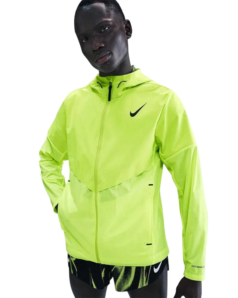Nike Jacke für Herren, mit Kapuze, Storm-FIT, Laufen (Volt Farbe/Schwarz Neon