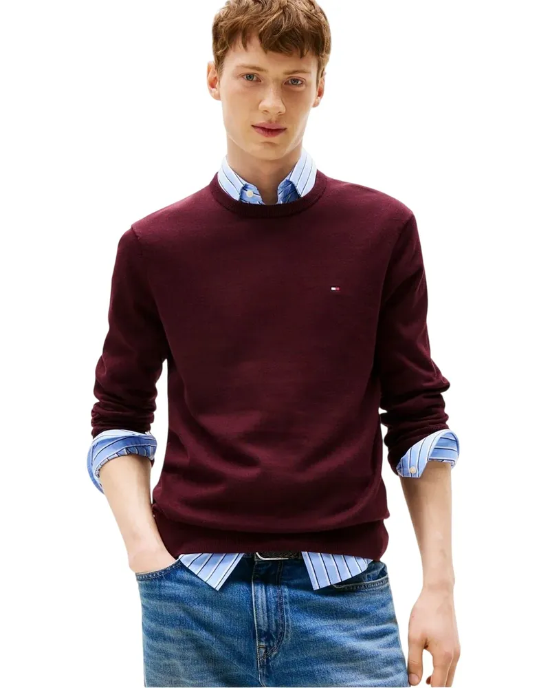 Tommy Hilfiger Pullover für Herren, Rundhalsausschnitt, Baumwolle (Weinrot Marineblau