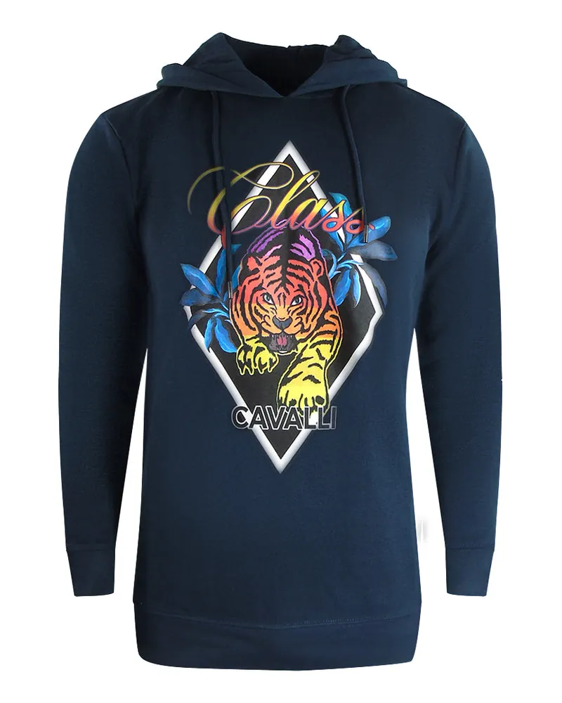 Roberto Cavalli Diamond Tiger Design Marineblauer Kapuzenpullover Marineblau