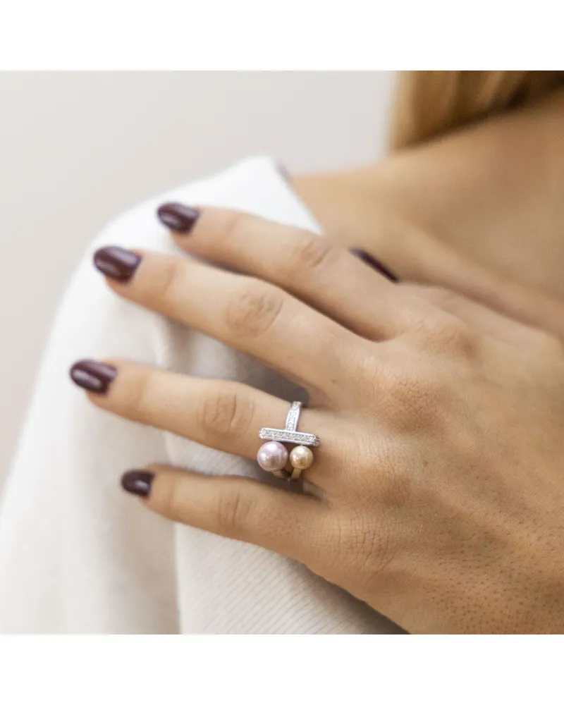 ZEEme Pearls Ring Silber 925 mit 2 Muschelkernperlen und Zirkonia weiß Silber