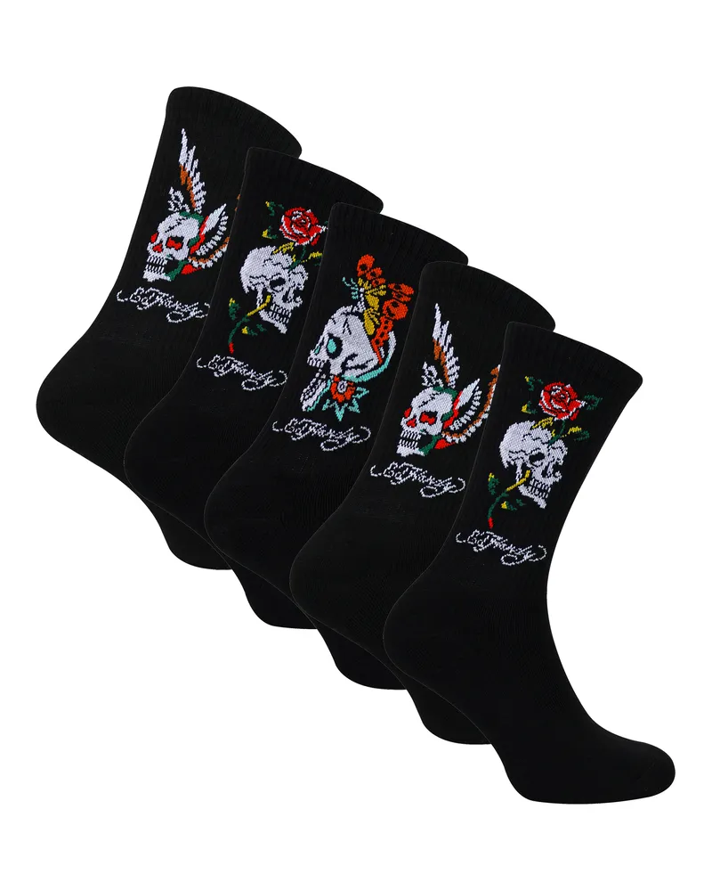 Ed Hardy 5 Paar Herren Crew Socken - Atmungsaktive, ausgefallene Muster-Socken Schwarz