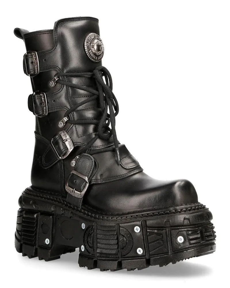 New Rock Unisex-Kampfplattformstiefel aus schwarzem Leder – TANK373-S1 Schwarz
