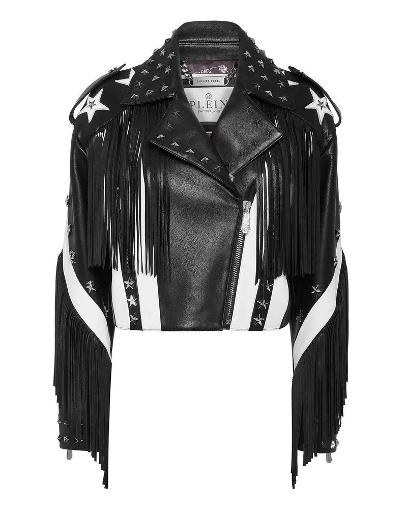 Philipp Plein Vintage Leather Moon Biker With Fringes America Schwarz