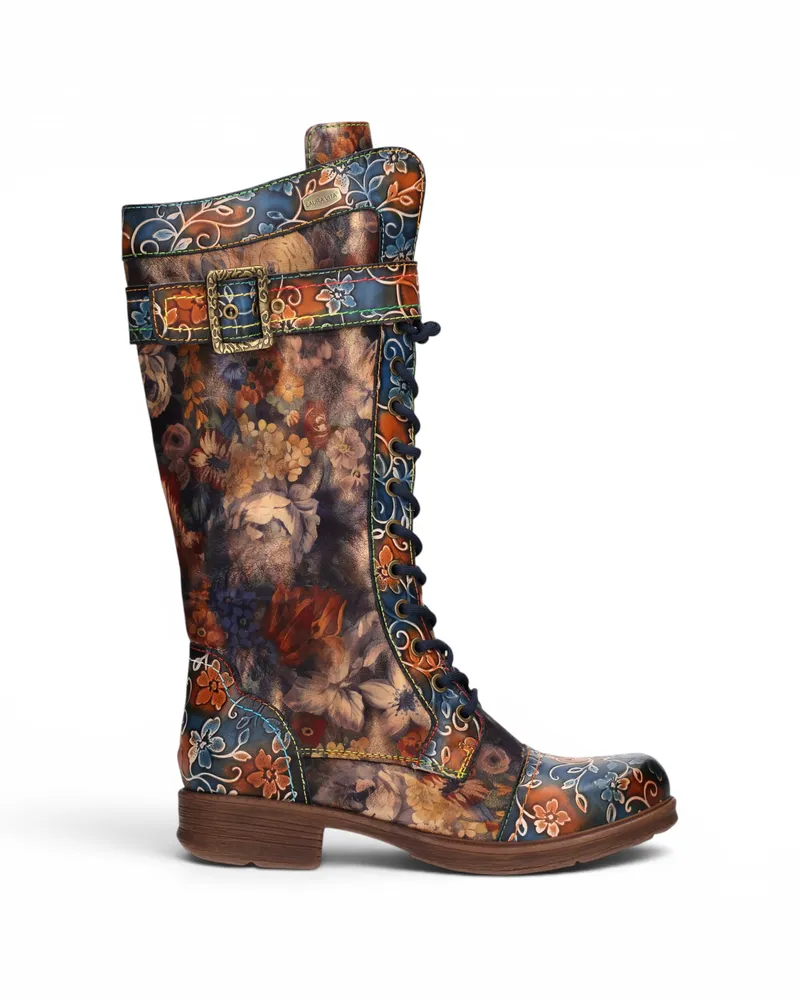 Laura Vita Damen-Blaue Floral-viktorianische Leder-High Combat Long Boots – Anitao-21 Blau
