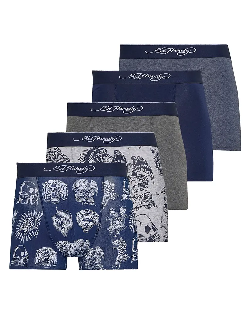Ed Hardy Herren Lonty 5er Pack Baumwollboxershorts Grau Marine Schwarz Unterwäsche Mehrfarbig