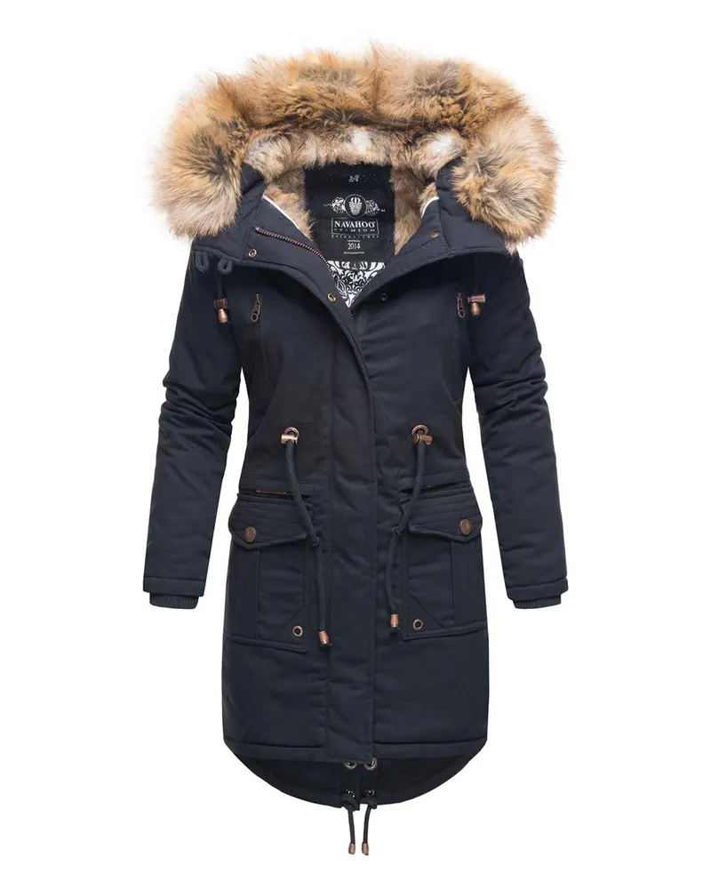 NAVAHOO Damen Winterjacke Rosinchen – Klassischer Parka mit Abnehmbarem Kunstfellkragen Marineblau