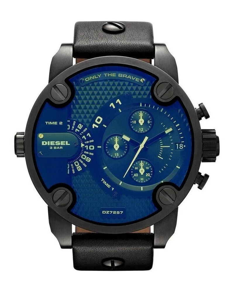 Diesel DZ7257 Bad Ass Chronograph Blaues Zifferblatt Schwarzes Leder Herrenuhr Schwarz