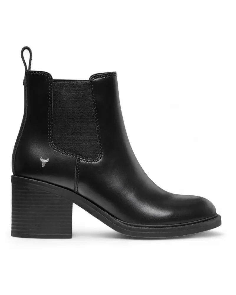 WINDSOR SMITH Damen – Klassische Chelsea-Stiefel aus schwarzem Leder mit Plateausohle – Varsity Schwarz