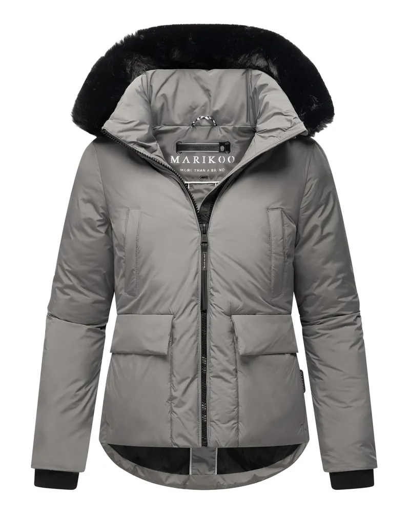 Marikoo Kurze Winterjacke mit Kunstfellkapuze und Teddyfutter – Morinaa - Grau Grau