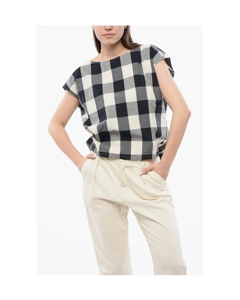 Woolrich Ärmellose Baumwollbluse mit Vichy-Karo und Kordelzug am Saum - Weiß/Blau Weiß