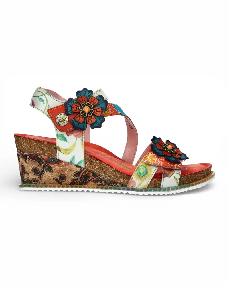 Laura Vita Damen-Espadrilles „Bonito 32“ aus orangefarbenem Leder mit Blumenmuster und Keilabsatz Orange