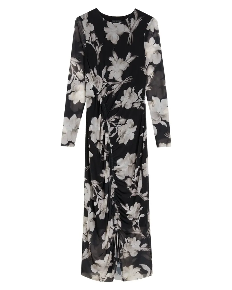 Ted Baker Marliyy Bedrucktes, Figurbetontes, Gerafftes Schwarzes Kleid Aus Mesh Schwarz