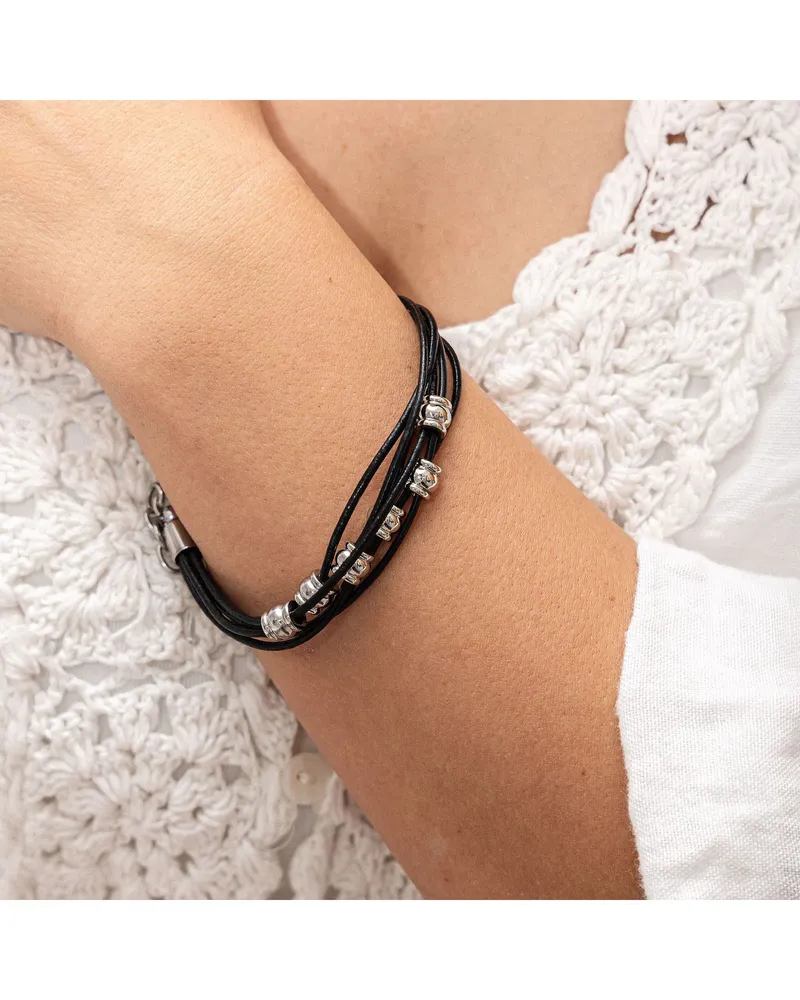 ZEEme Stainless Steel Armband Leder schwarz mit Stahlkugeln 19,5+2cm lang Schwarz
