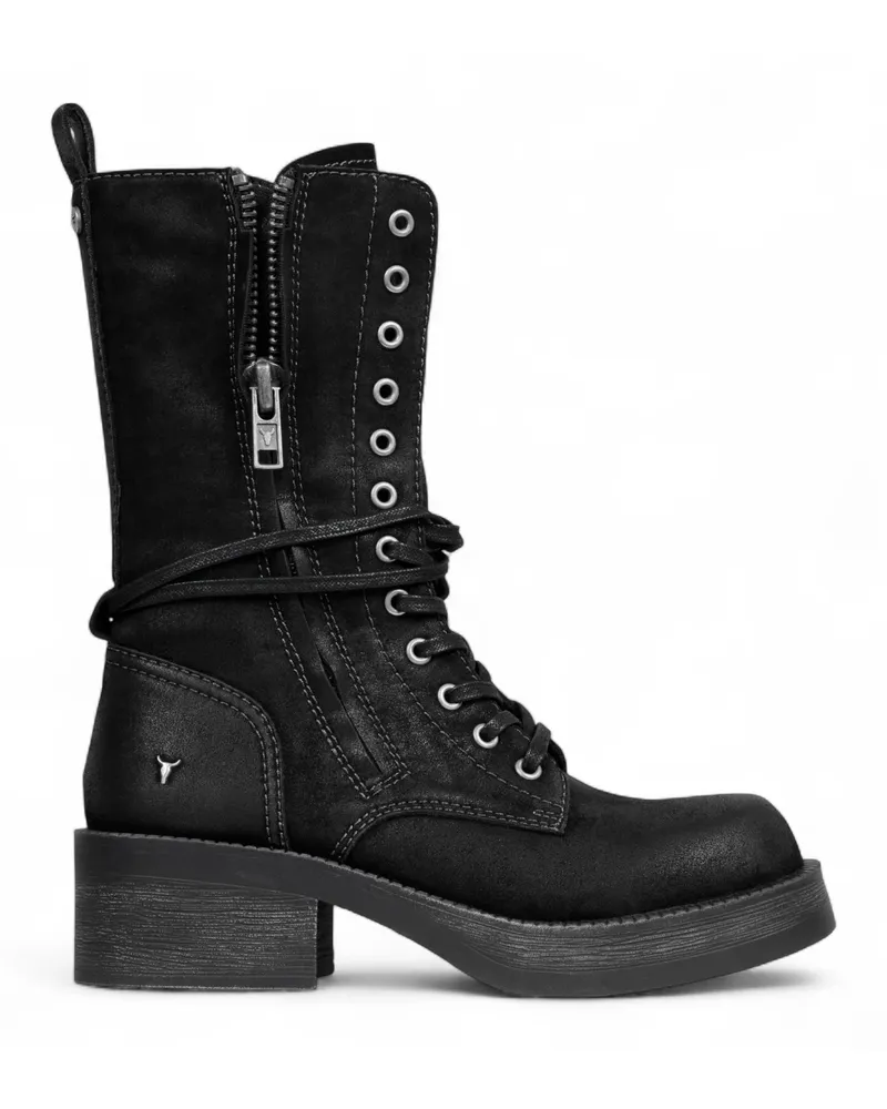 WINDSOR SMITH Windsorsmith Damen-Kampfstiefel aus schwarzem Wildleder, halbhohe Schnürstiefeletten, Bikerschuhe – Gather Schwarz