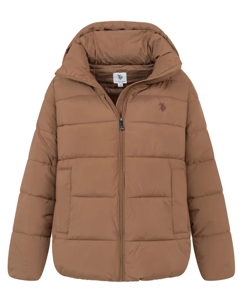 U.S. Polo Assn.  Damen Winter-Steppjacke – mit gefütterter Kapuze & Stehkragen Camel