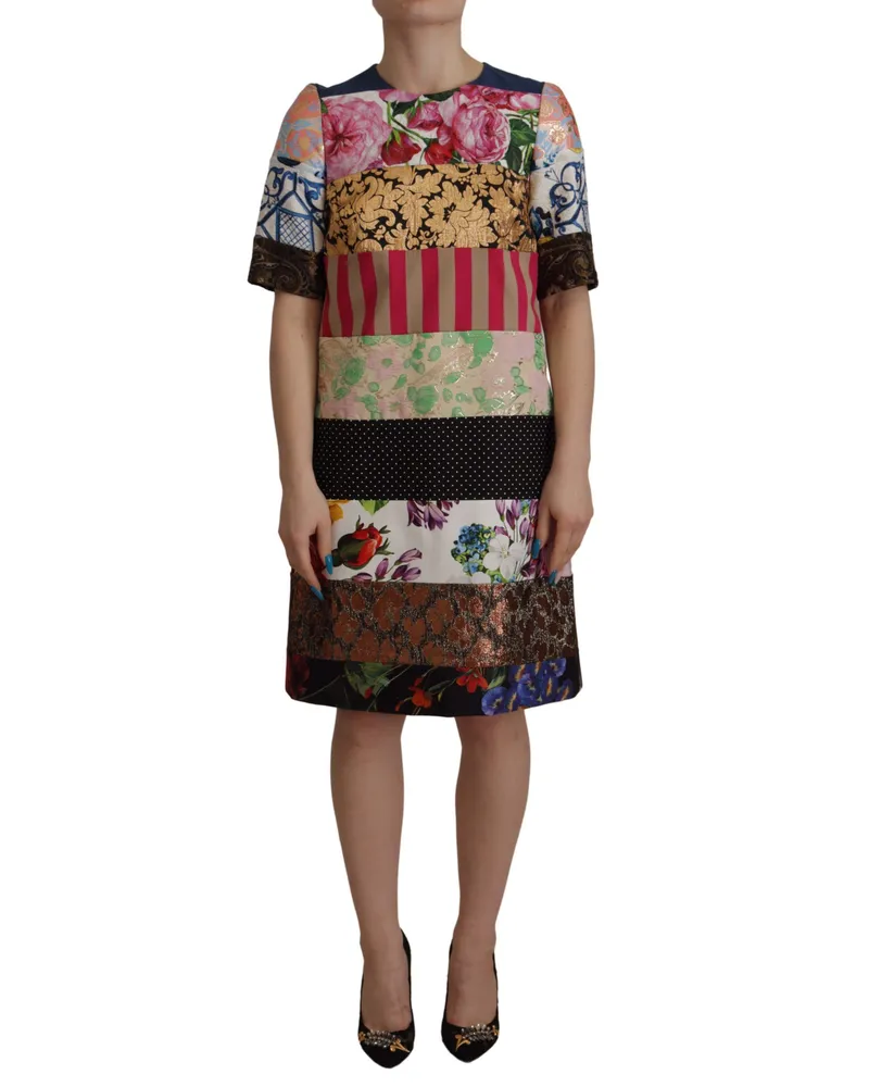 Dolce & Gabbana Multicolor Patschwork Floral Sheath Jacquard Mini-Kleid Damenkleid Mehrfarbig