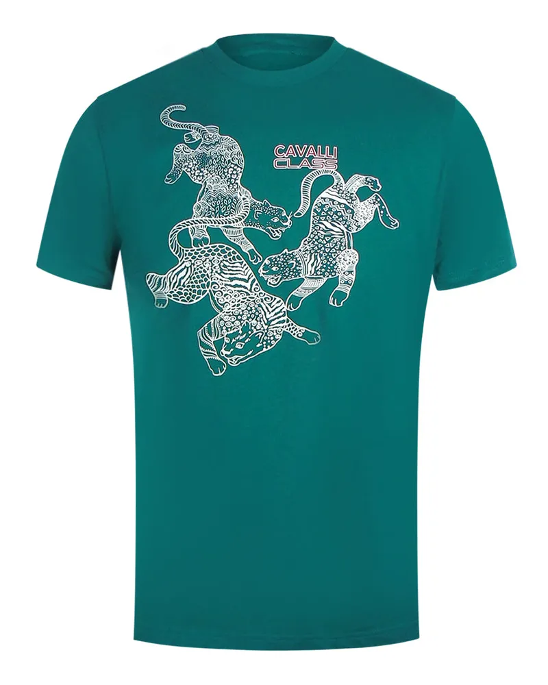 Roberto Cavalli Grünes T-shirt Mit Paisley-leoparden-logo Grün