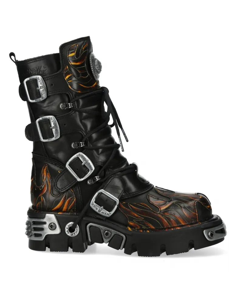 New Rock M-591-C58 Halbhohe Gothic-Stiefel aus schwarzem Flammenleder mit Metallic-Effekt Schwarz