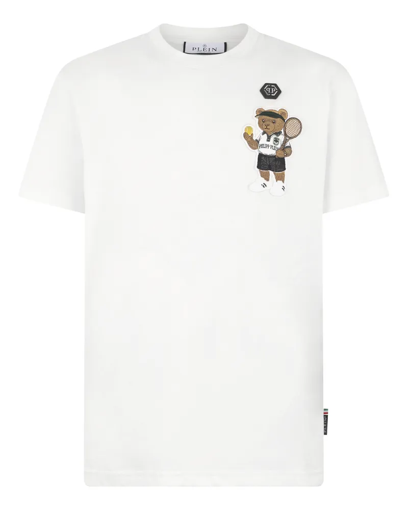 Philipp Plein Rundhals-T-Shirt mit Teddy-Tennis-Patch Creme