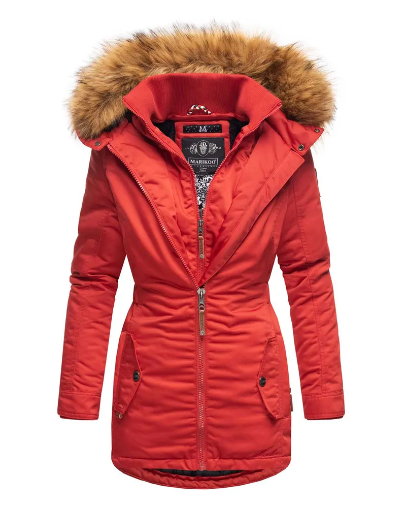 Marikoo Damen Winterjacke – Sanakoo, warm mit abnehmbarem Fellkragen Rot