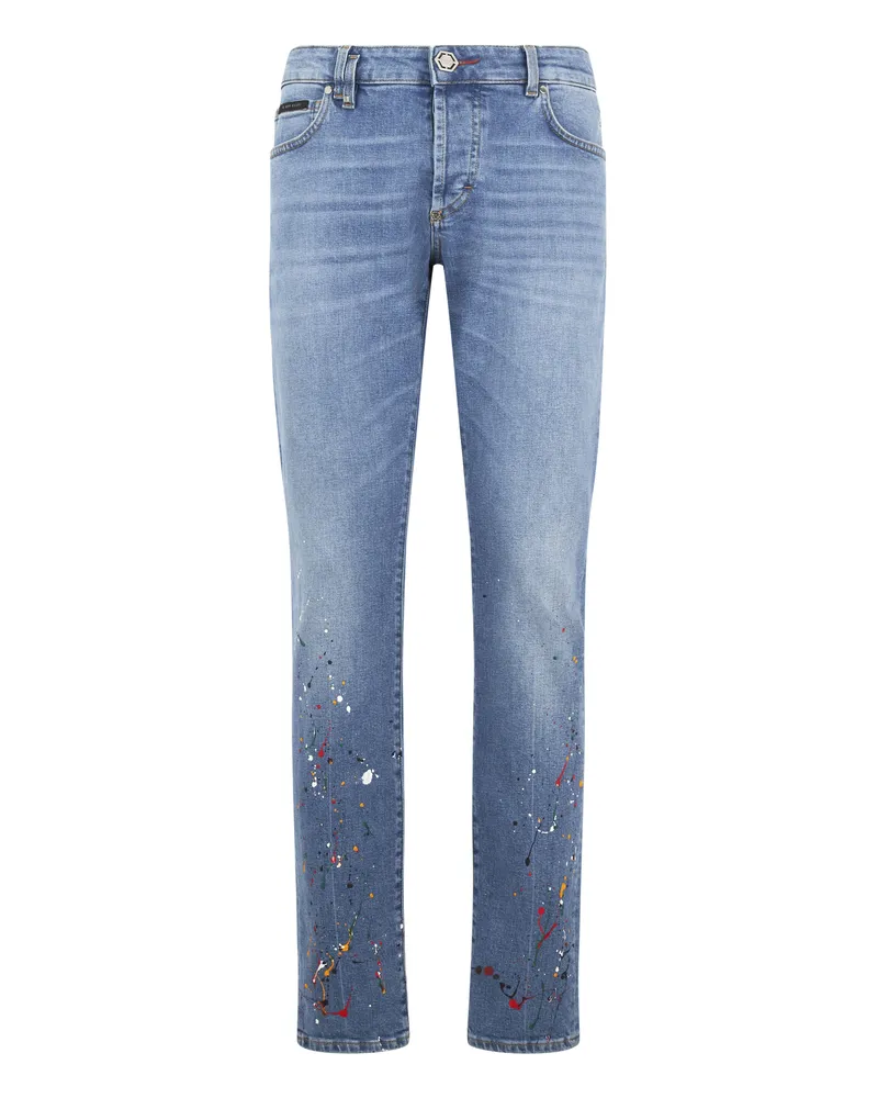 Philipp Plein Super Straight Cut Jeans Paint Hellblau
