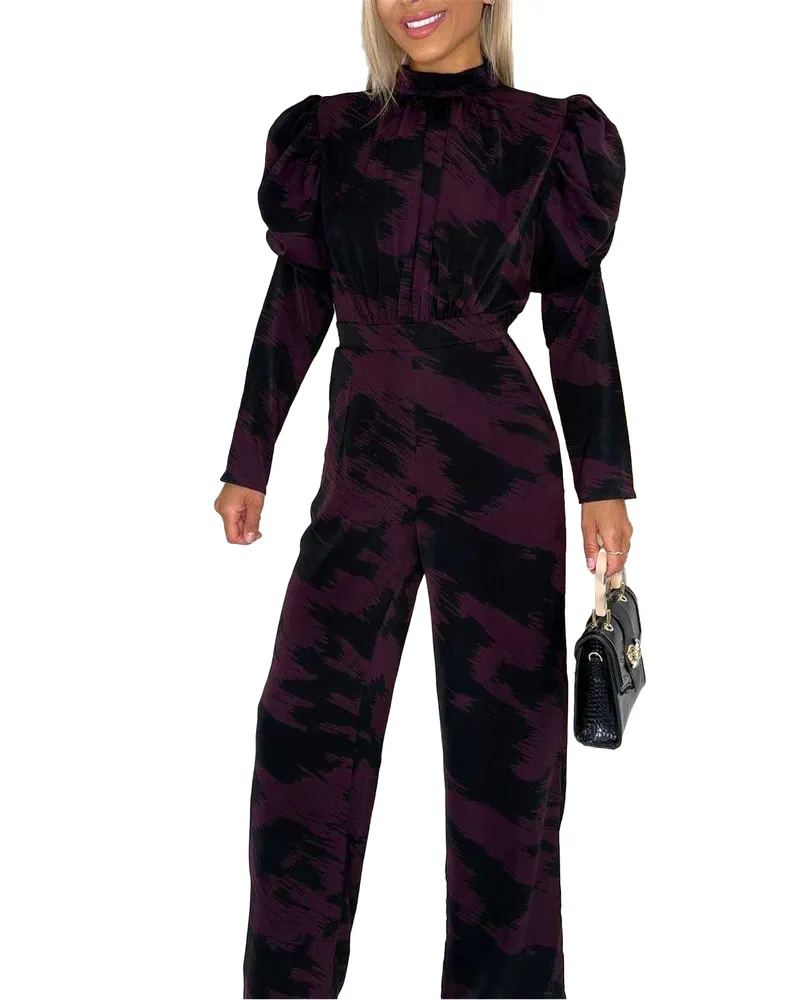 AX Paris Jumpsuit für Damen, Polyester, Weites Bein, Puffärmel (Weinrot Weinrot
