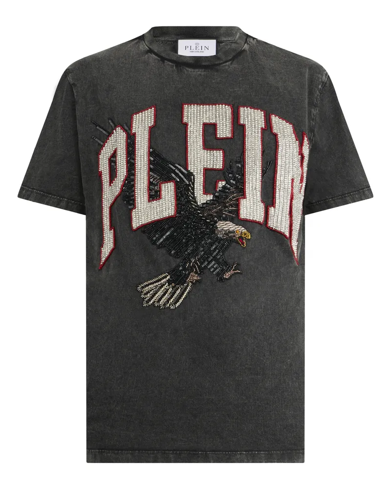 Philipp Plein Washed Round Neck T-Shirt Plein Eagle Schwarz