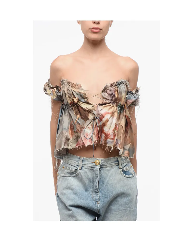Balmain Schulterfreies Top aus bedruckter Seide in Mehrfarbig Mehrfarbig