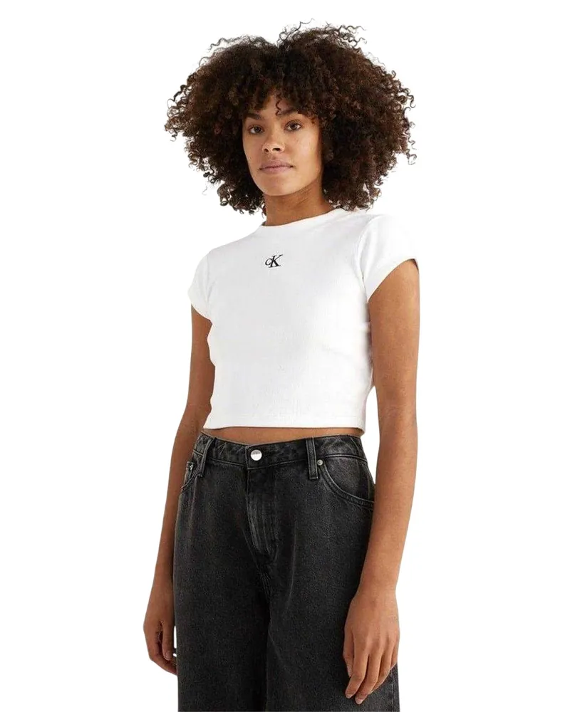 Calvin Klein kurzes T-Shirt für Damen, gerippt (Weiß Weiß
