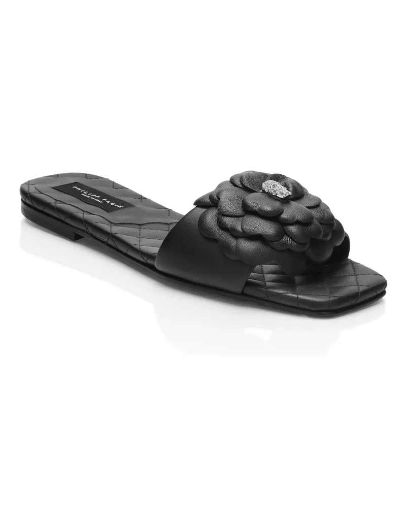 Philipp Plein Flache Sandalen Flower Schwarz