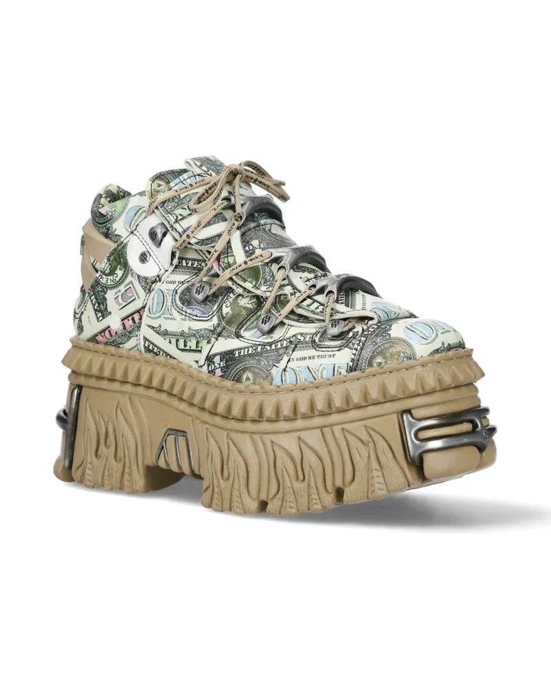New Rock M-106WALL-C49 Plateau-Stiefeletten aus Leder mit Dollarschein-Print Grün