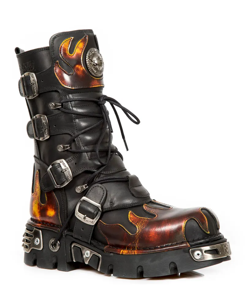 New Rock Flame Akzentuierte schwarz/rote Lederstiefel – 591-S1 Schwarz