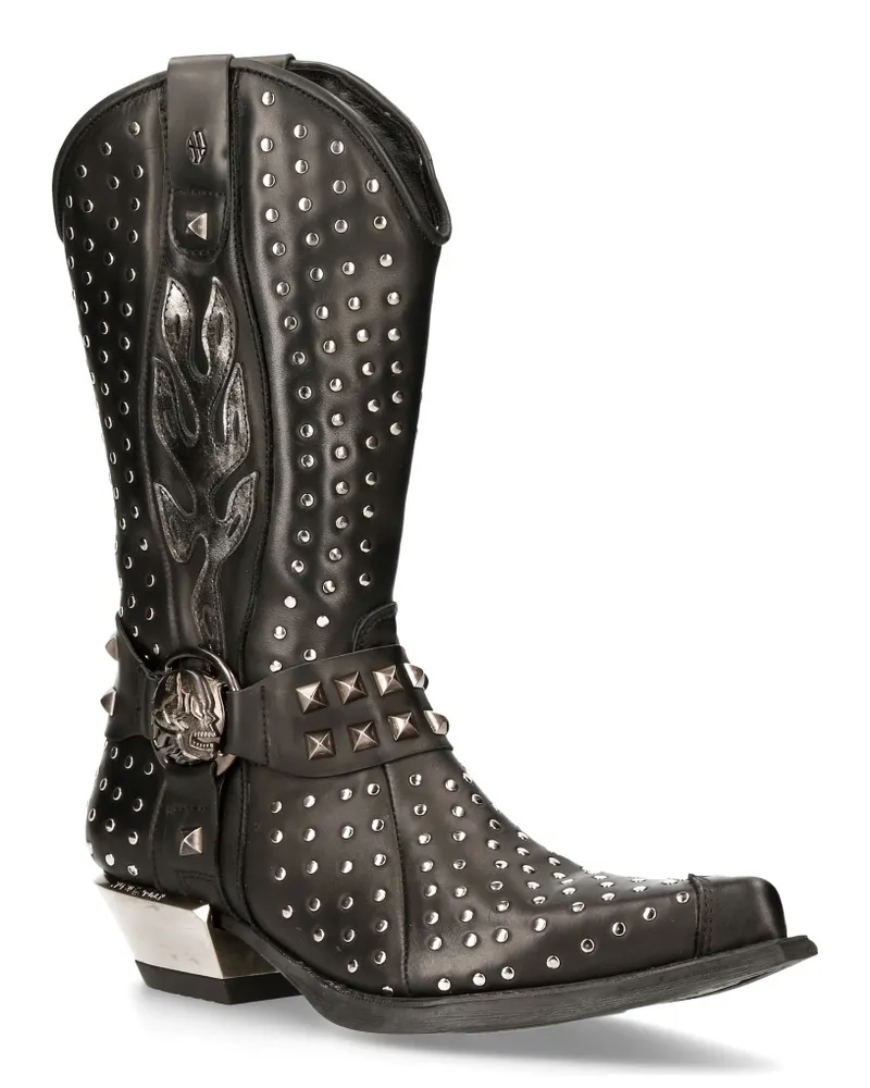 New Rock Cowboystiefel aus schwarzem Leder mit Nieten – M-7928-S1 Schwarz