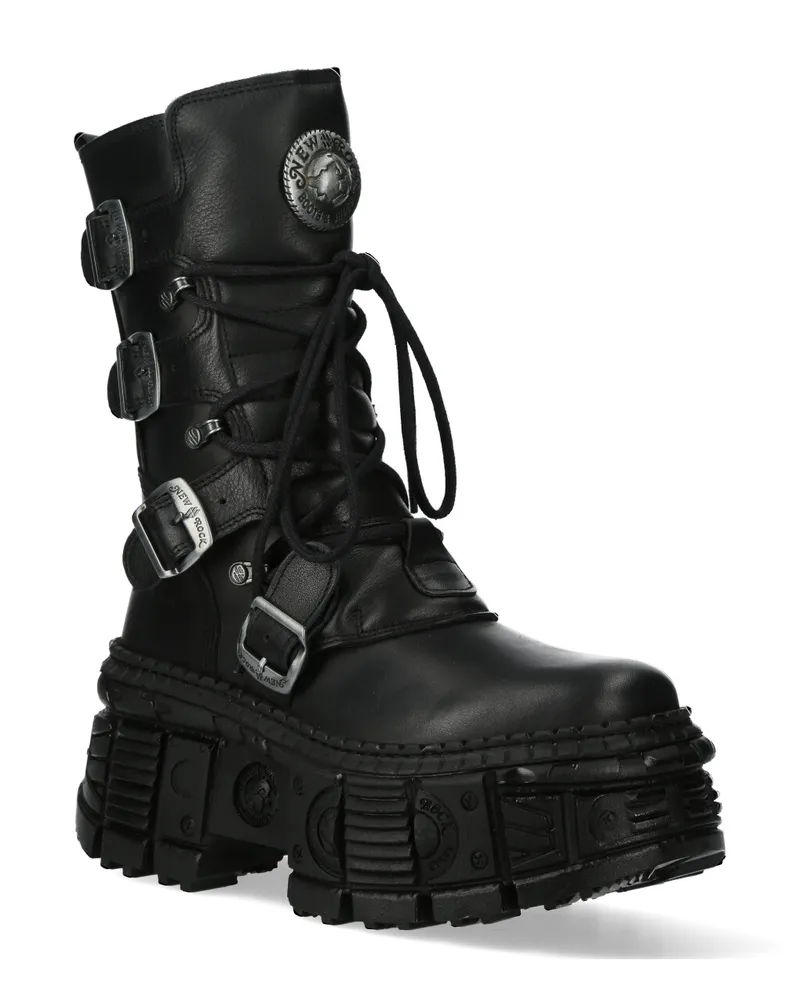 New Rock Goth-Stiefel aus Leder mit mittlerer Wade-WALL373-S5 Schwarz