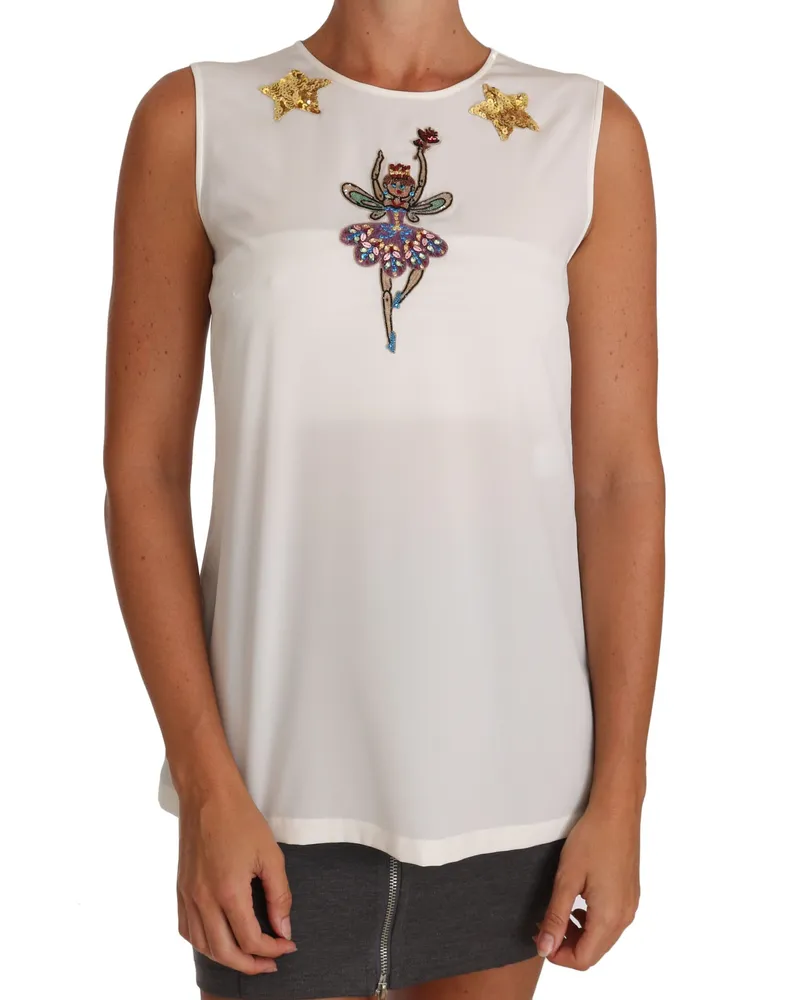 Dolce & Gabbana Women White Silk Embellished Crystal Sequin Fairy Top Weiß