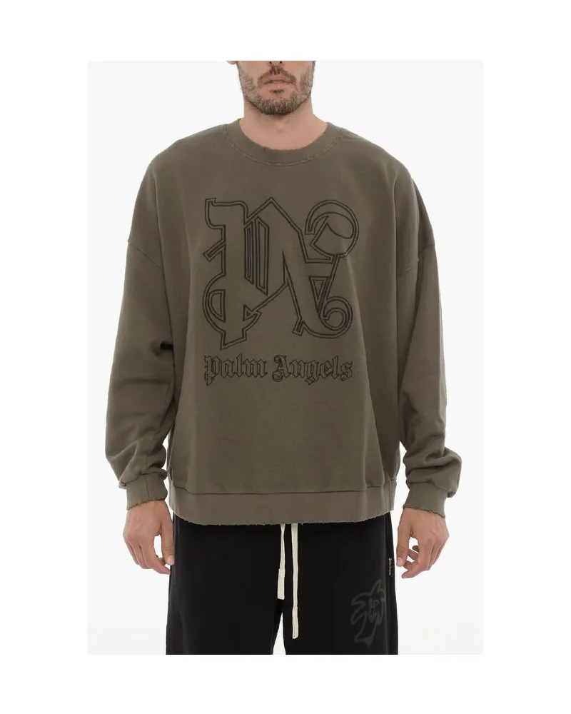 Palm Angels Rundhals-Sweatshirt mit Vintage-Effekt und geprägtem Monogramm in Militärgrün Dunkelgrün