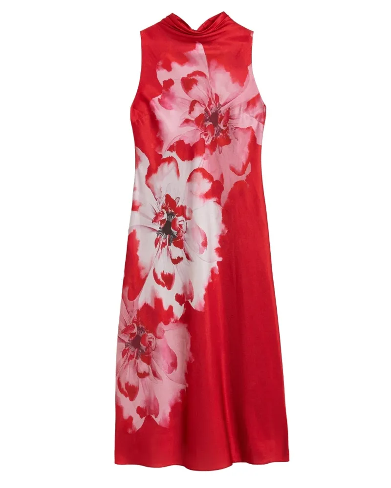 Ted Baker Aliara Bedrucktes Rotes Midi-kleid Mit Wasserfallausschnitt Rot