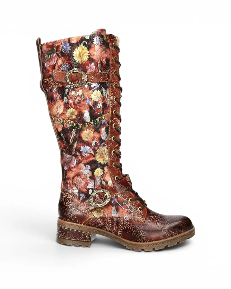 Laura Vita Viktorianische florale Maroon Lederstiefel mit hohen Schnürstiefeln – Cocrailo-82 Rotbraun
