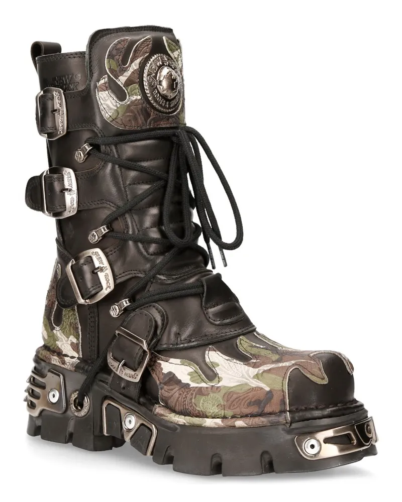 New Rock Flame Biker-Stiefel aus Leder mit Camouflage-Akzent – ​​M-591-S15 Schwarz