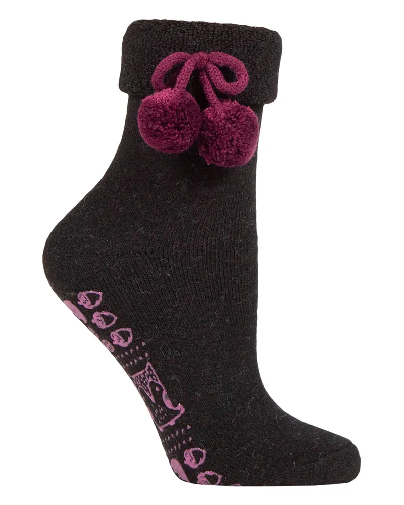 Elle 1 Paar Damen Wolle-Mix Slipper-Socken mit Pom Pom - Warm, weich, gemütlich, komfortabel Schwarz