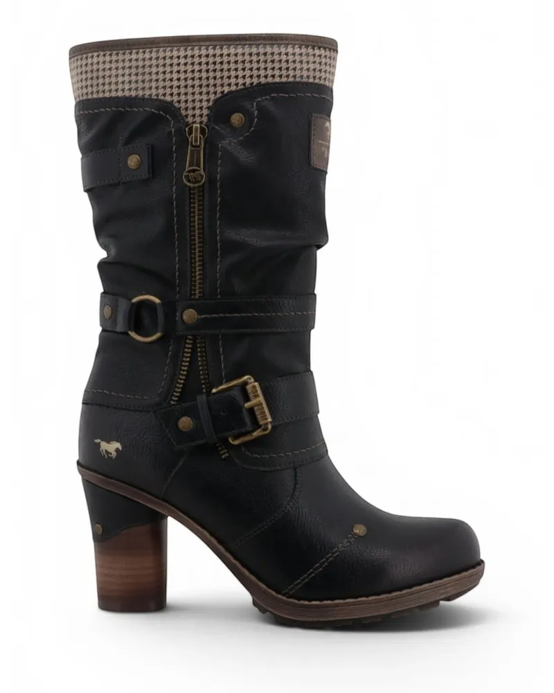 Mustang Damen-Schwarze Langstiefel mit mittlerem Wadenabsatz – M0162001 Schwarz