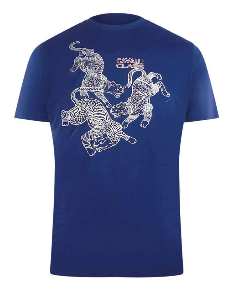 Roberto Cavalli T-shirt Mit Paisley-leoparden-logo, Blau Blau